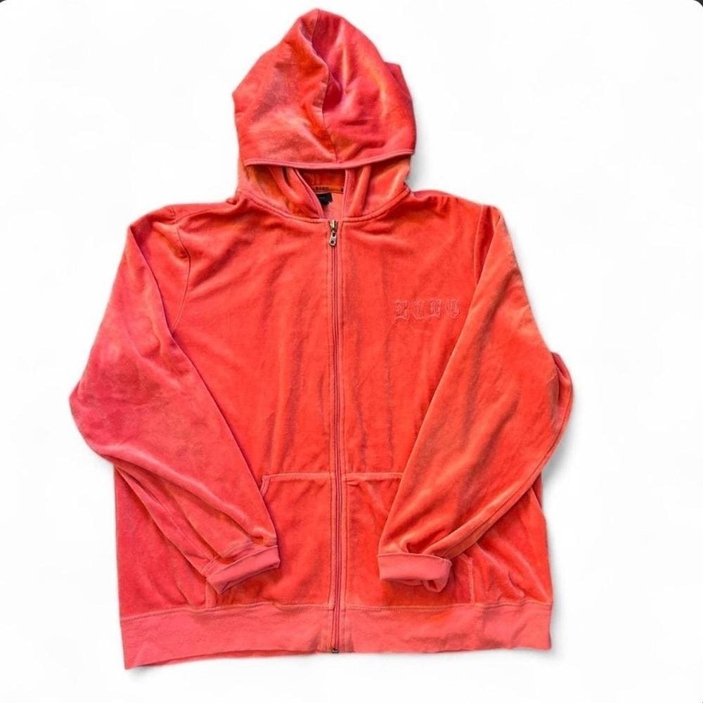 Vintage BCBGMAXAZRIA Y2K Velour Zip Hoodie XL Pink Logo True 2000s Streetwear